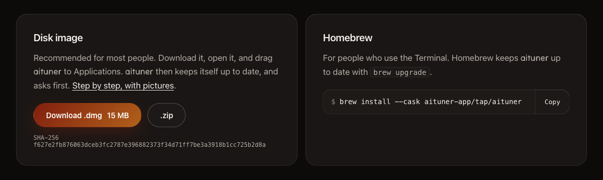 The download page: the Disk image box with the Download .dmg button