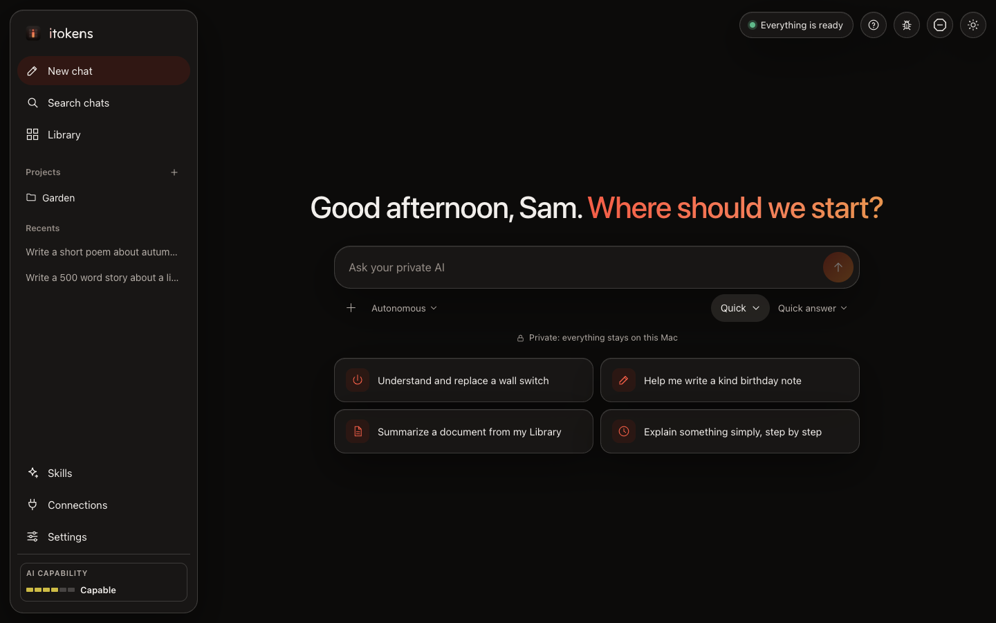 itokens: a private chat on your Mac, with suggestions to start from